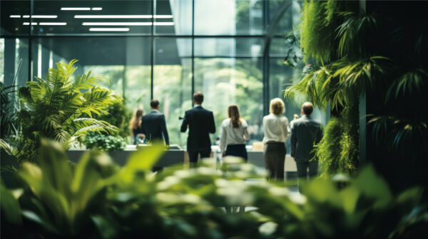 gruppo di persone di spalle in un ufficio green
